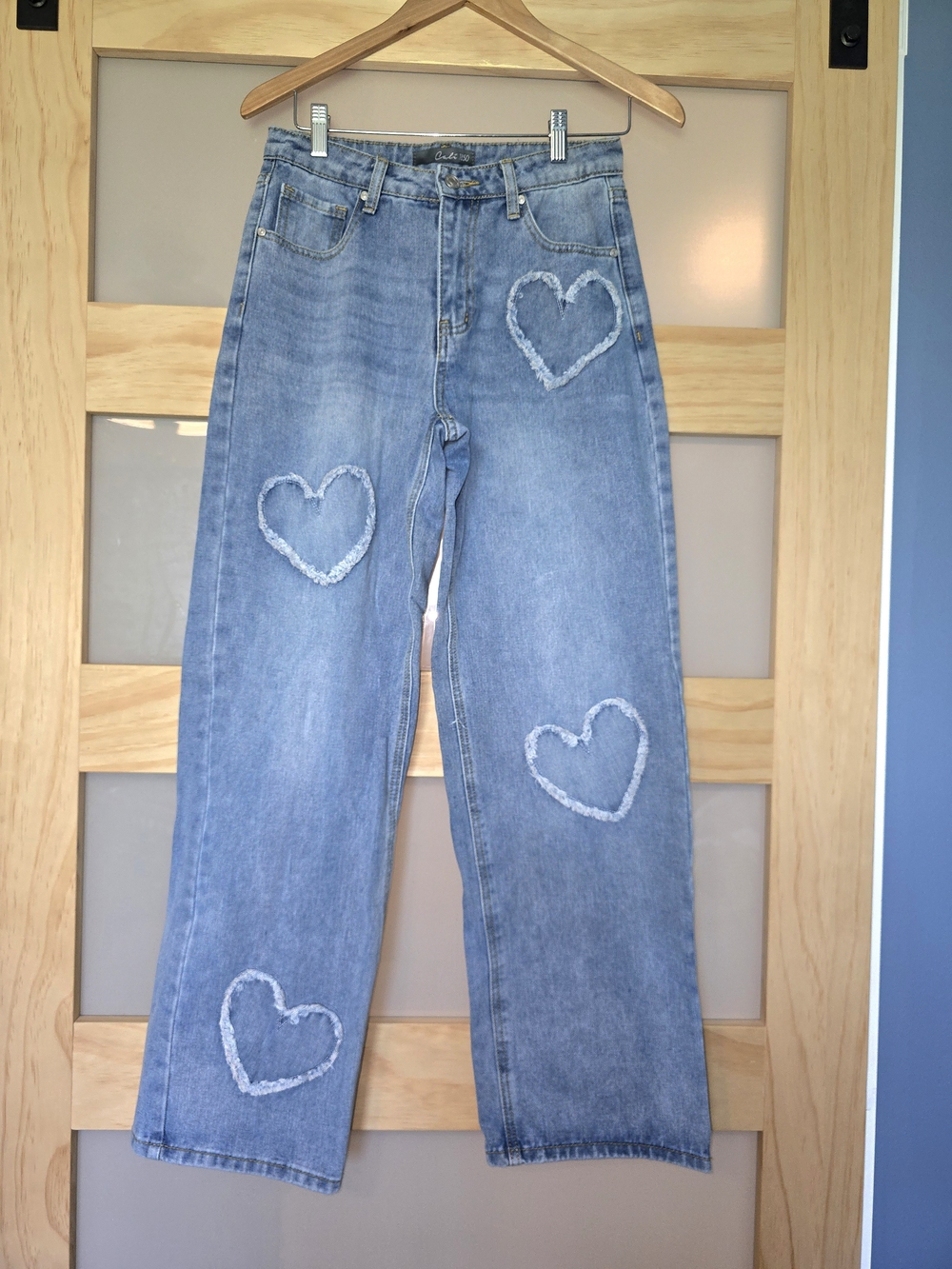 Wide Leg Blue Denim Jeans with Heart Patch Detail